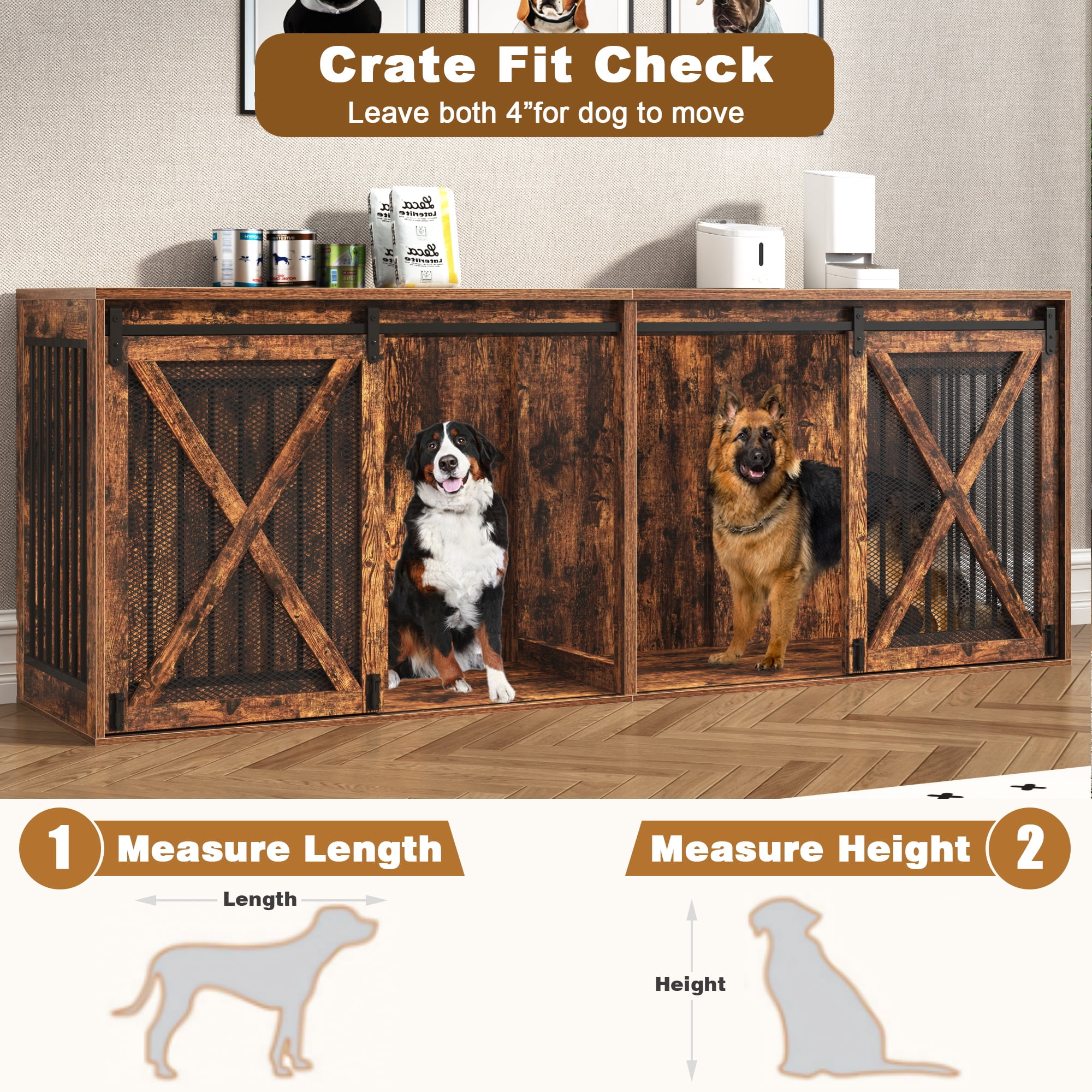 Nordee 94.5" Wooden Dog Crate Furniture for 2 Large Dogs, Heavy Duty Double Dog Kennel with Divider, Extra Large Breed, 35.4" Tall,Rustic Brown