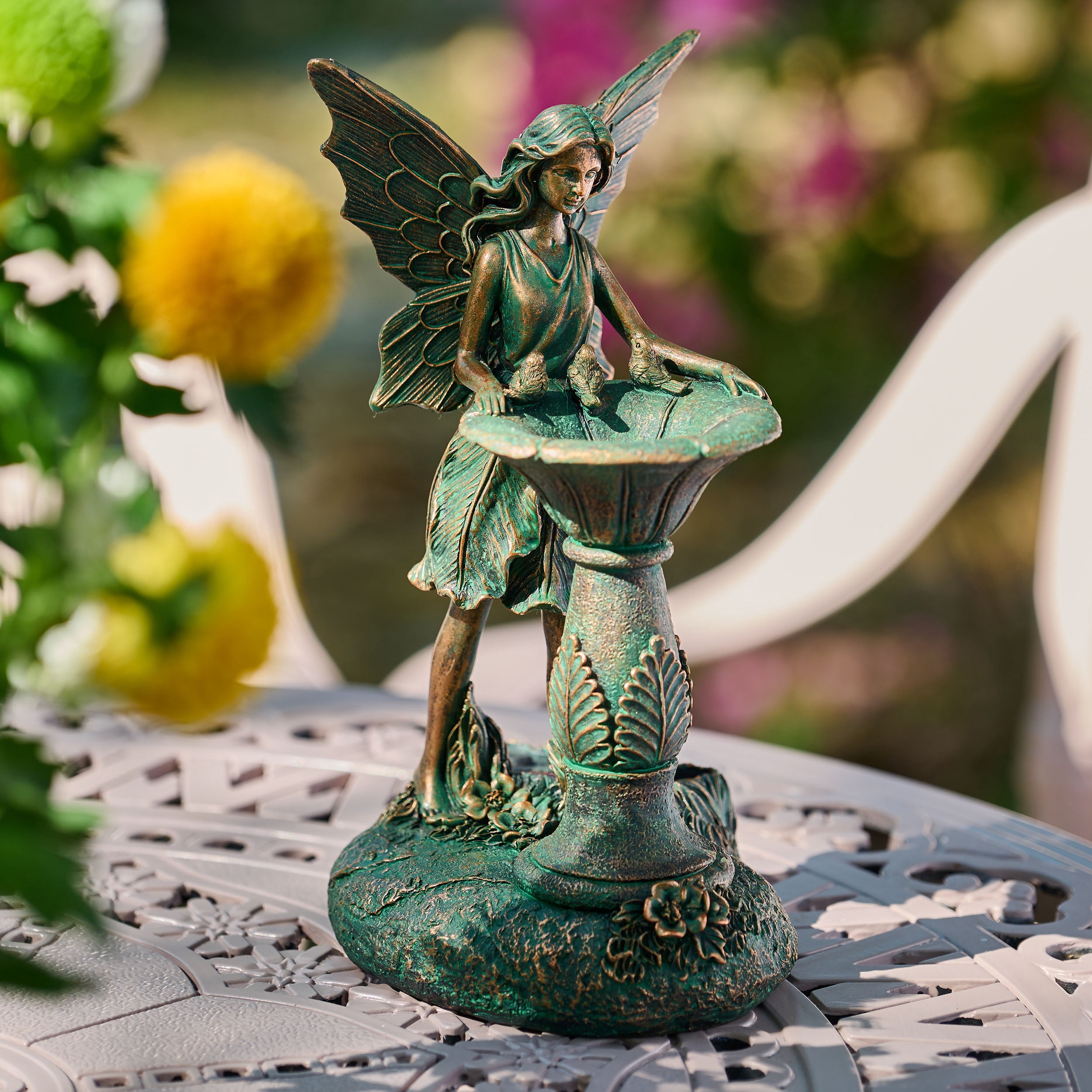TERESA'S COLLECTIONS 9.4" Fairy Garden Statue with Solar Outdoor Light, Bronze Resin Sculpture