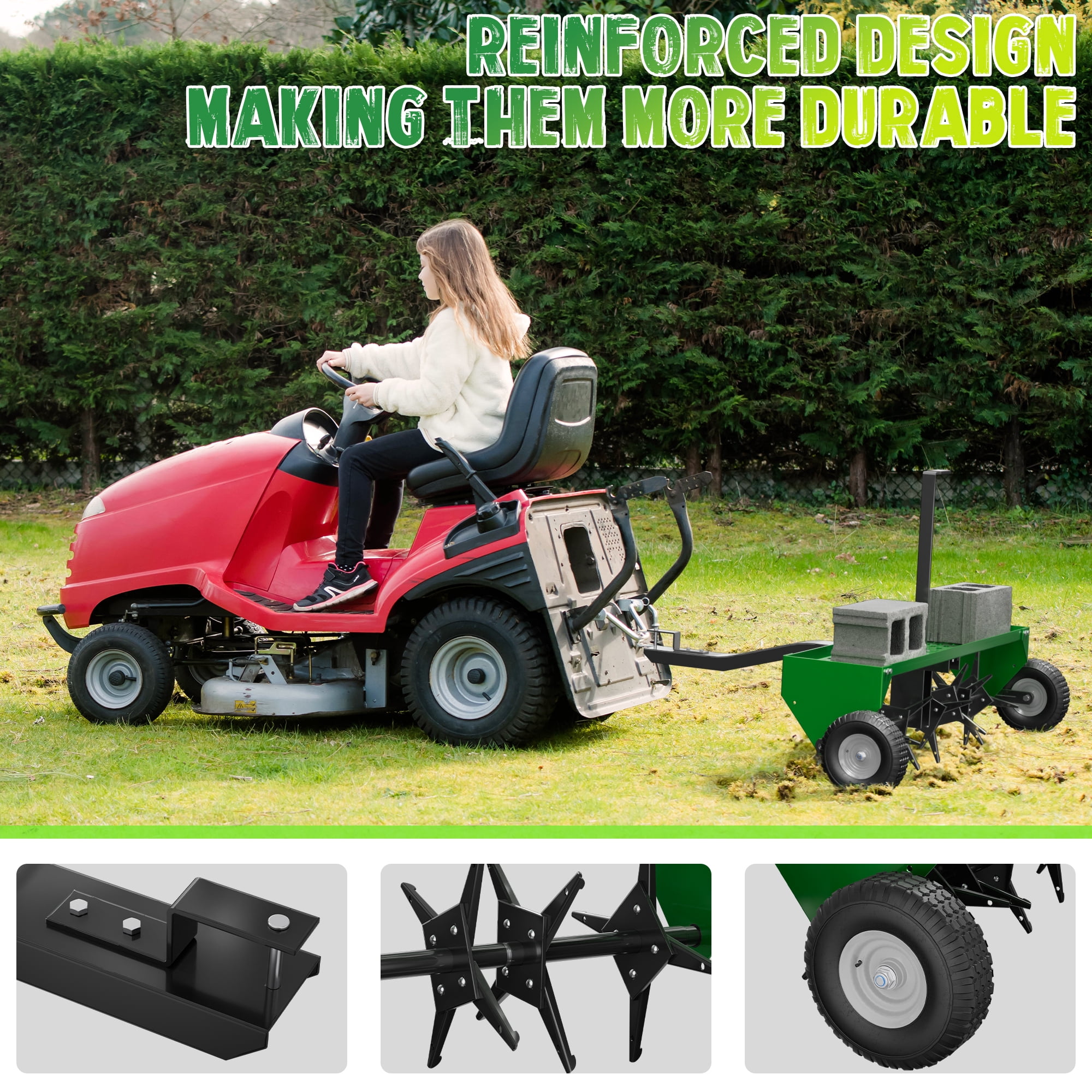 48" Tow Behind Lawn Plug Aerator with Universal Hich, Green Painted Galvanized Steel with Tray and Inflatable Wheels, Pull Behind Aerator for Garden, Farm and Lawn