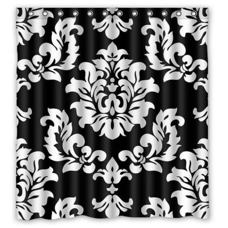 French Bathroom Accessories Sets GreenDecor Black And White Damask French Floral Swirls Waterproof Shower Curtain Set with Hooks Bathroom Accessories Size 66x72 inches ()