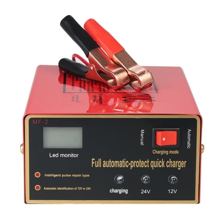 NFTIGB Smart Battery Charger 12V/24V Intelligent Automatic LED Charging Trickle Maintainer 140W Peak Output Pulse Repair Type for Car Truck Motorcycle, Red (6.9 x 5.1 x 2.8 inches / 17.5 x 13 x 7 cm)