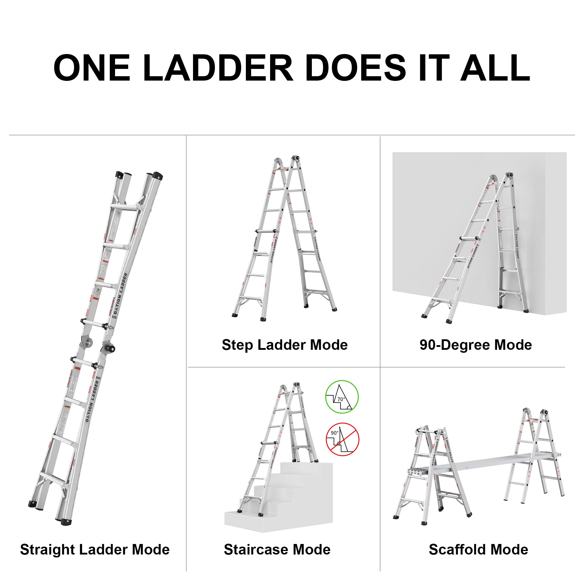 Kadyn Aluminum Retractable Step Stool, Silver Modern Multi-Use Ladder, Extension Telescoping Multi-Position Ladders for Home.