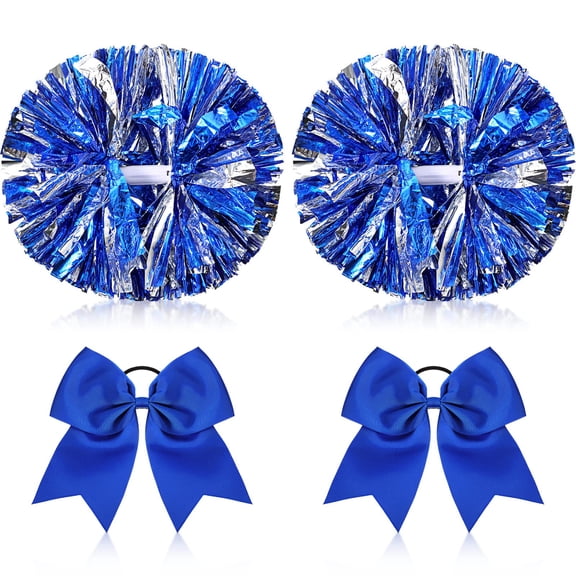 Minzimin 4 Pcs 14" Cheerleading Pom Poms with Hair Bows | 2 Metallic Cheerleader Pompoms with Baton Handle, 2 Large Bows, for Cheering School Team Spirit Sports Games Dancing Party