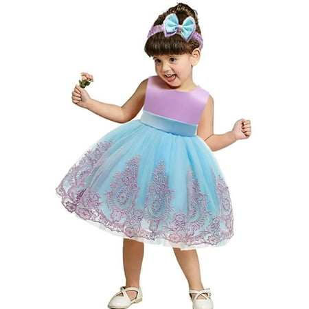 

Toddler Dress Baby Girl Pageant Lace Dress Toddler Party Bowknot Tutu Gown Dress with Headwear