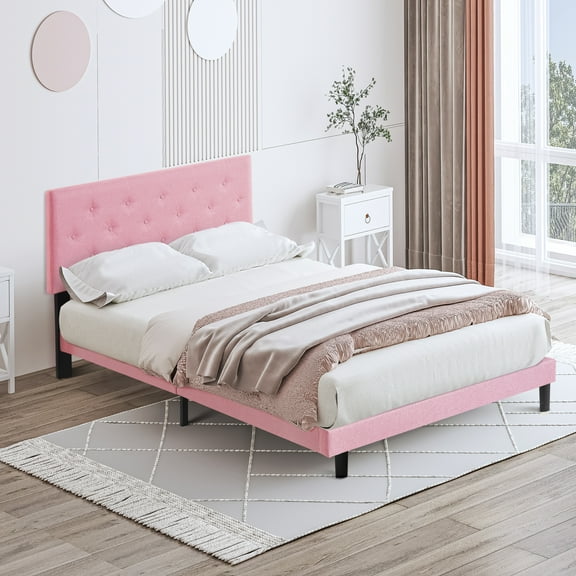 Pink Queen Size Platform Bed Frame with Button Tufted Headboard, Wood Slats, Easy Assembly