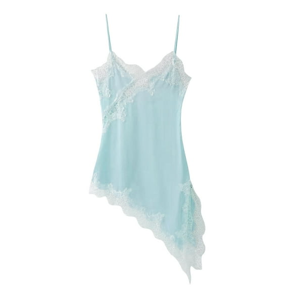 HJYCHN Lace Asymmetrical Spaghetti Strap Flowy Boho Mini Dress V-Neck Design for Date Night and Casual Outings with Elegant A-Line Design Dress Blue XS