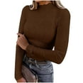 thumbnail image 2 of Otntypg Women's Lettuce Trim Mock Neck Long Sleeve Tops Spring Casual Dressy Ribbed Knit Basic Solid Color Slim Fit Tee Shirt Fall Layer Outfits Coffee L, 2 of 9