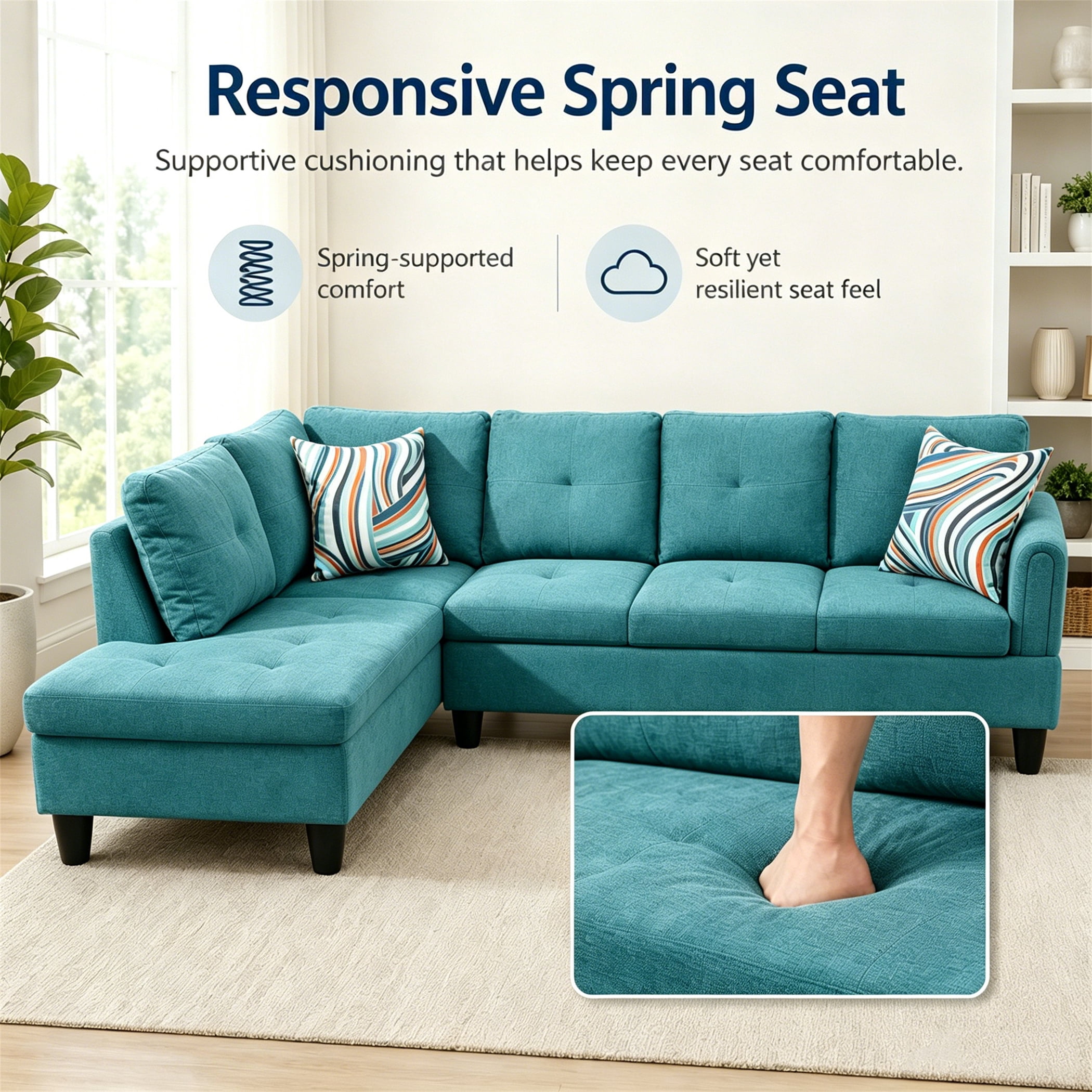 Aukfa 97" Classic Sectional Sofa 4 Seat L shape Couch with Oversized Left Chaise for Living Room, 2Pillows, Linen, Aqua Blue