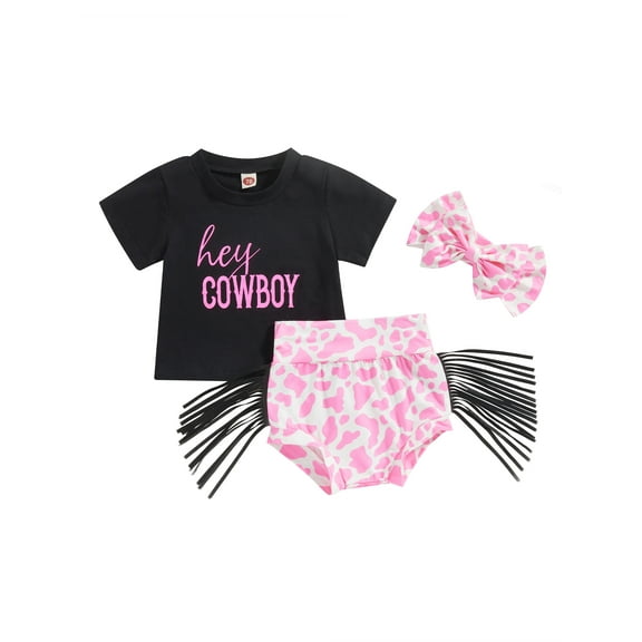 Bagilaanoe 3pcs Newborn Baby Girl Short Pants Set Letter Print Short Sleeve T-shirt Tops   Tasseled Shorts   Hairband 6M 12M 18M 24M Infant Casual Summer Outfits