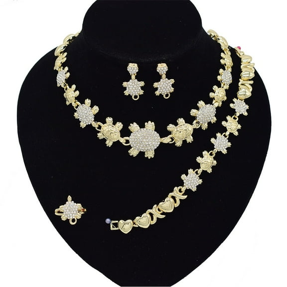Women's Jewelry Set - Hugs & Kisses XOXO 4 Pieces - Necklace Set For Women - With Turtle Mini Charm - Includes Necklace Bracelet Ring Earrings 18kt Real Gold Plated Layered