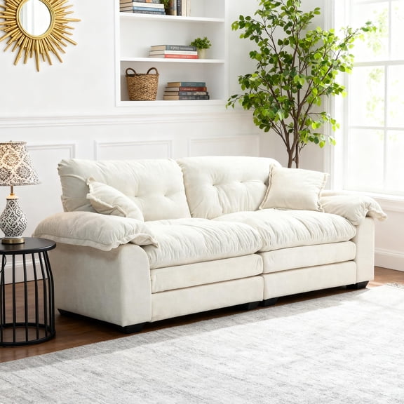 Modern 84" Chenille Loveseat Sofa, Ultra-Comfy Upholstered Couch with 2 Pillows for Apartment, Living Room, Bedroom, or Home Office​​ (Beige)