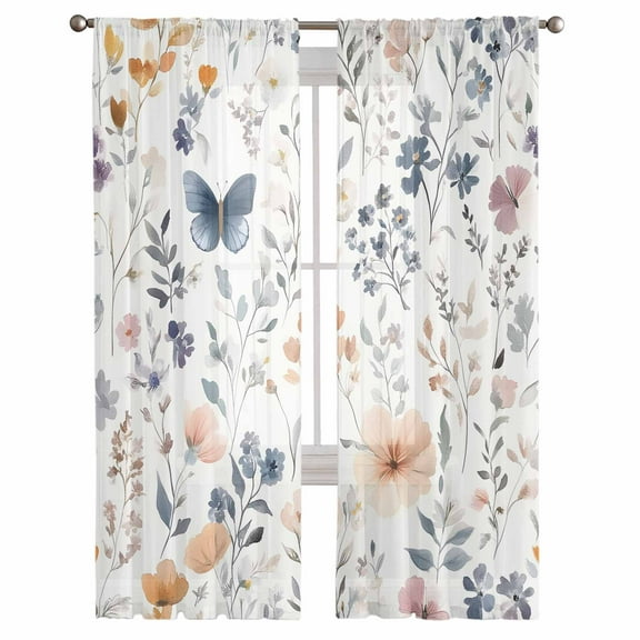 Watercolor Flower Semi Sheer Curtains 108 Inch Length 2 Panels Set, Spring Farm Leaf Country Retro Plant Sheer Kitchen Curtain Privacy Voile Window Curtain for Living Room Bedroom Rod Pocket Drapes