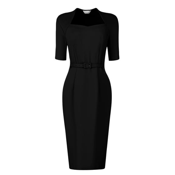 Unique Bargains Women's Sheath with Belt Vintage Sweetheart Neck Pencil Dress S Black