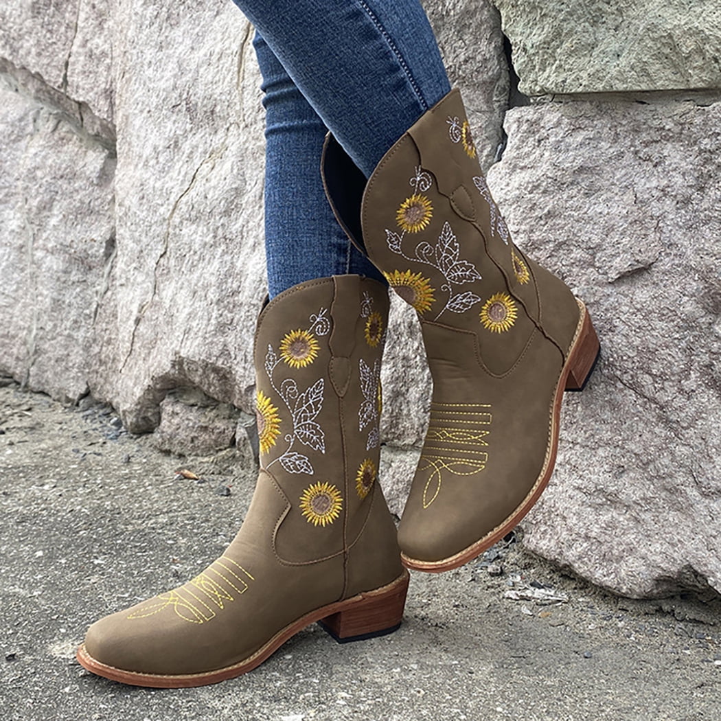  Suokdil Cowboy Boots for Men - Men's Western Boots With  Embroidered, Slip Resistant Square Toe Chunky Heel Ankle Boots, Durable and
