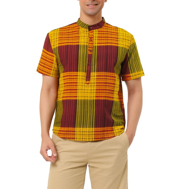 INSPIRE CHIC Men's Linen Henley Short Sleeve Button Down Shirts Yellow Burgundy XL