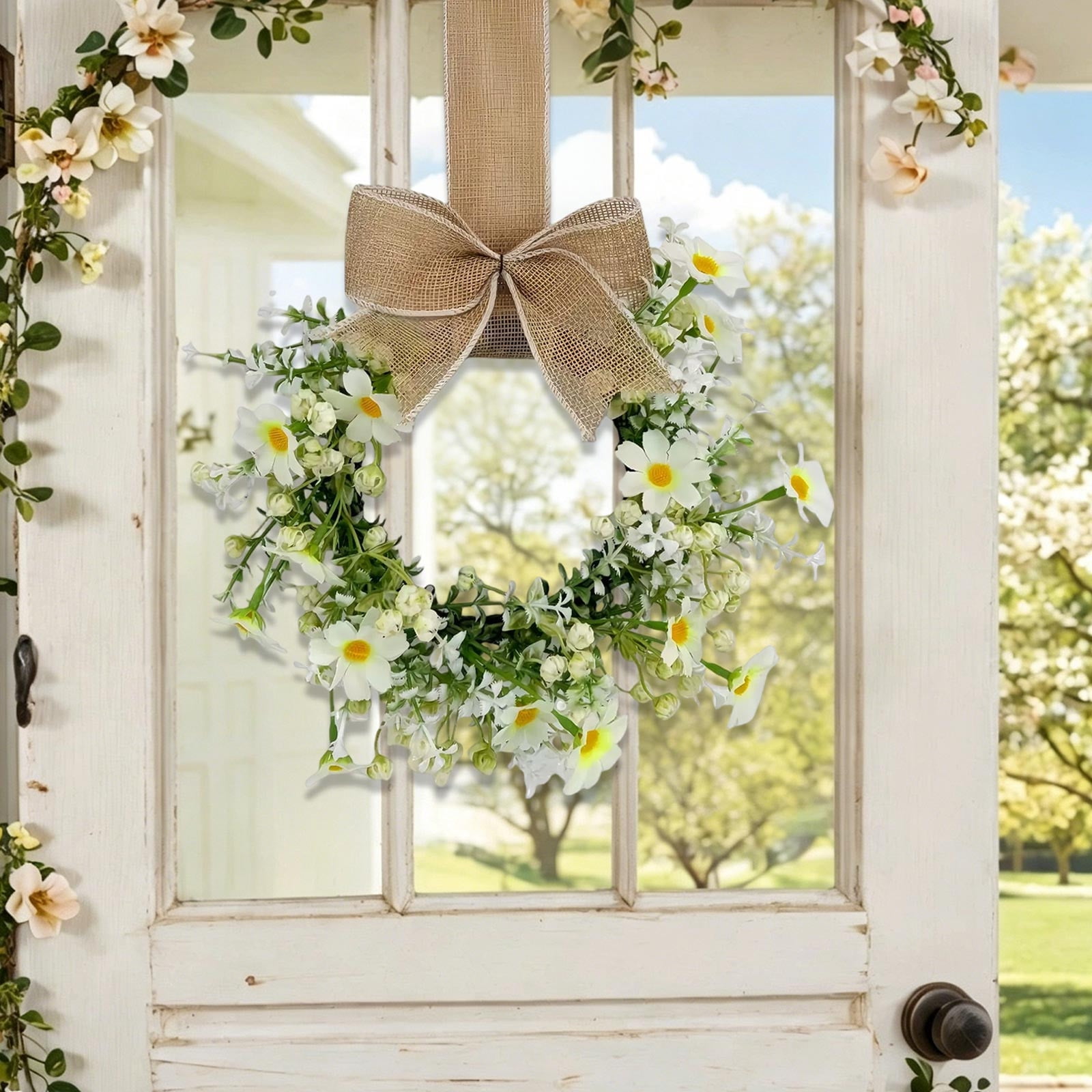Spring Wreath for Door or Wall Artificial Floral Decoration Durable Indoor/Outdoor Farmhouse Decor Elegant Design for Entryways and Living Spaces White