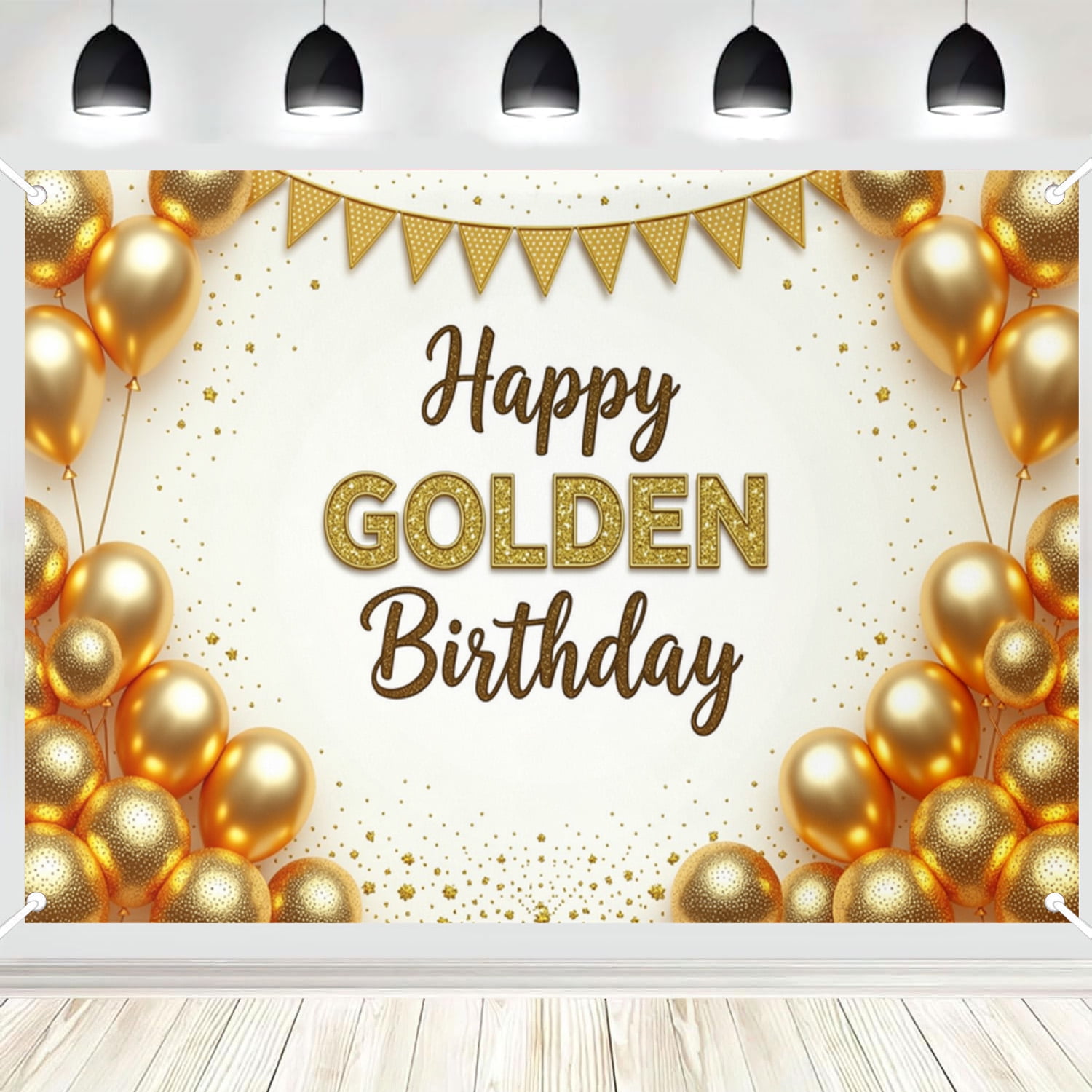 Happy Golden Birthday Backdrop White Gold Balloon Confetti Polyester Banner for Golden Age Birthday Party Photography Decor 6x4ft