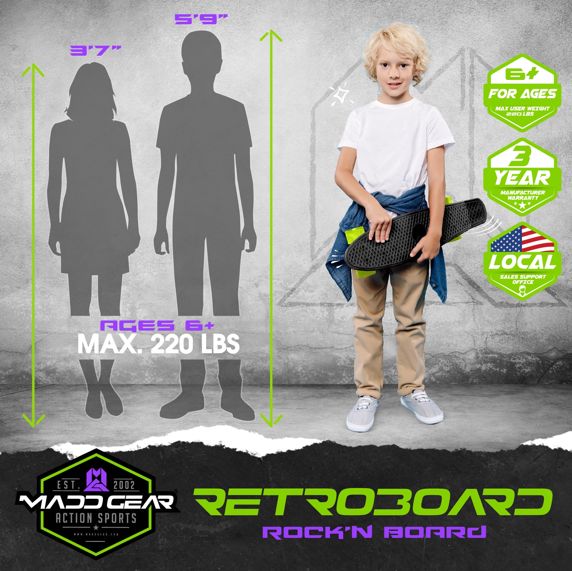 Madd Gear 22" Retro Beginner Skateboard Mini Cruiser- 62 mm Wheels - Rock'N- Beginner Penny Style Board