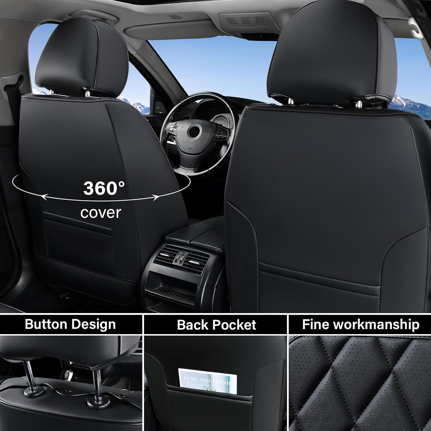 Coverado Front Car Seat Covers, Waterproof Premium Leather Seat Cushions, 6 Pieces Auto Interior Protectors Universal Fit Most Cars, Suvs, Pickup Trucks, Black