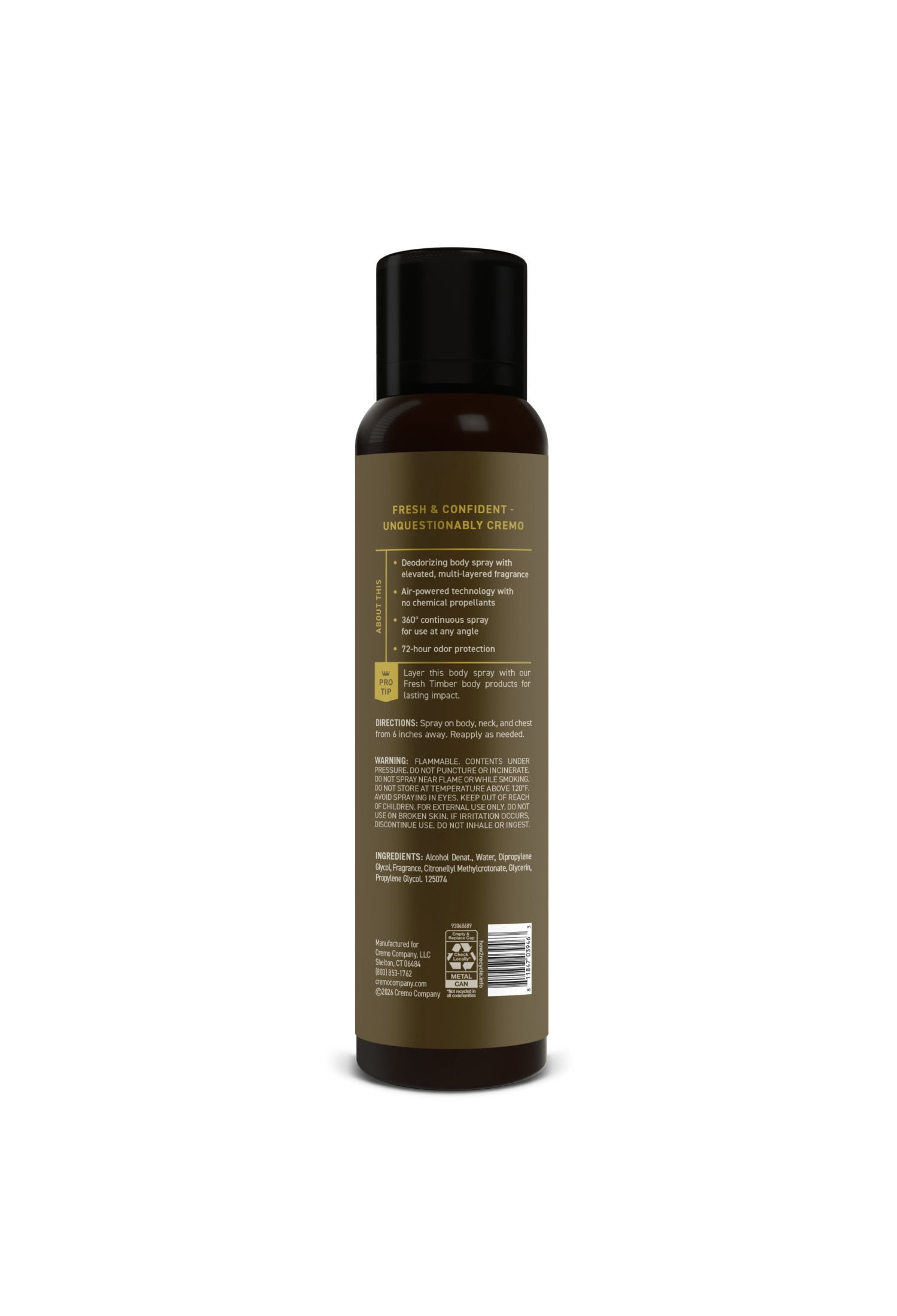 Cremo Body Spray Deodorant for Men, Fresh Timber Scent, 3.5 oz