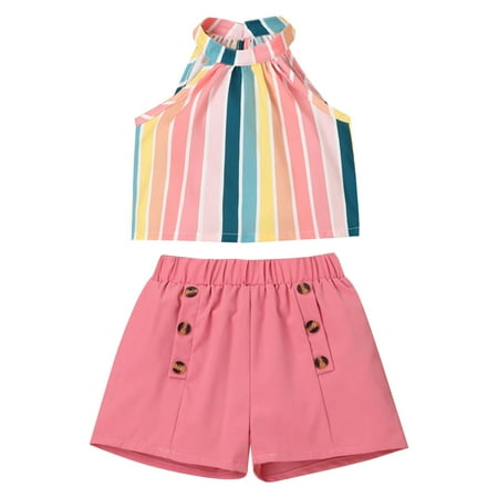 

Outfits Set For Girls Kids Colorful Striped Sleeveless Halter Shorts Sets Sleeveless Colorful Striped Print Halter Tank Tops Button Shorts