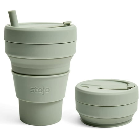 B0150TEUO2-Stojo Collapsible Reusable Silicone Coffee Cup and Travel Mug,  POCKET SIZED, Leak Proof Lid, 12 oz, Green 