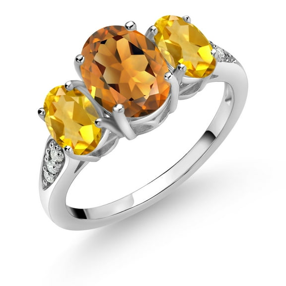 Gem Stone King 10K White Gold Orange Red Madeira Citrine Yellow Citrine and White Lab Grown Diamond 3 Stone Engagement Ring for Women (2.04 Cttw, Gemstone Birthstone, Size 8)