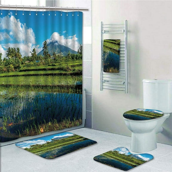 PRTAU Volcano Idyllic View of Mayon Volcano Mountain in Philippines Tropical Landscape 5 Piece Bathroom Set Shower Curtain Bath Towel Bath Rug Contour Mat and Toilet Lid Cover