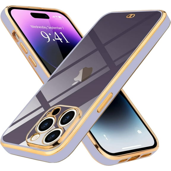 iPhone 14 Pro Case Cute Clear Luxury Plating Back Bumper Slim Fit Shockproof Full Camera Lens Protection Soft TPU Silicone Electroplated Phone Case Cover for iPhone 14 Pro 6.1 inch, Purple
