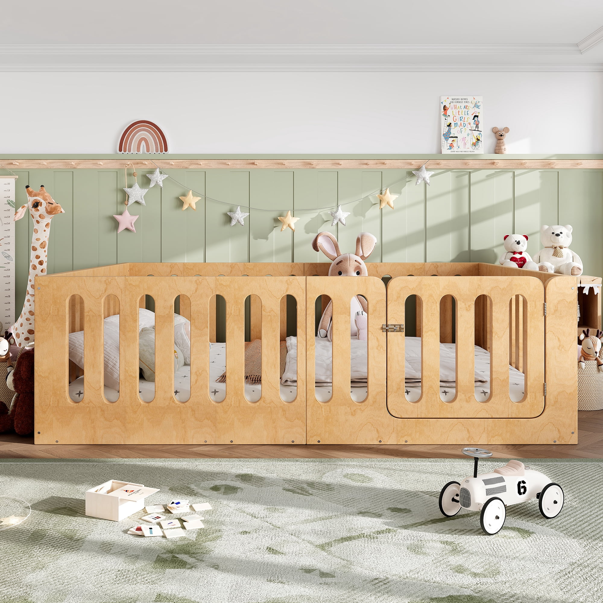 Floor Bed with Safety Rails and Door, Queen Solid Wood Platform Bed and Montessori Style Bed Frame for Bedroom, Natural