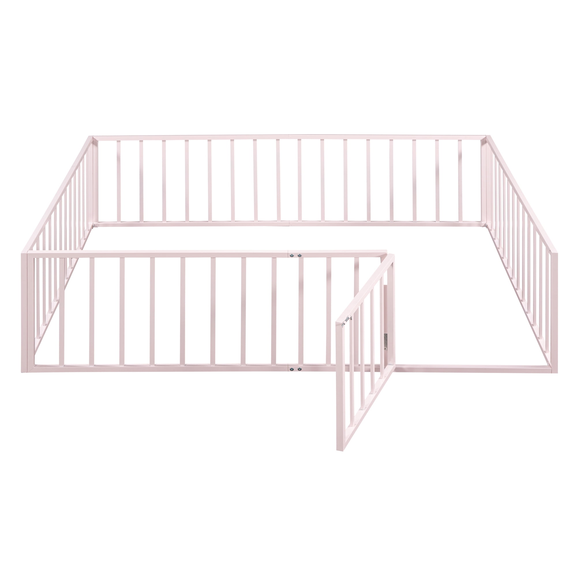 Queen Size Floor Bed with Fence and Door, Low Profile Metal Montessori Bed Frame with Slats Supports,Easy Assembly, No Box Spring Needed,Pink