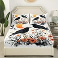 thumbnail image 5 of Halloween Raven Sheet Set Teens, Crow Bird Sheets Queen Size Moon Butterfly Bed Sheets Rustic Floral Hand Painted Fitted Sheet, White Orange And Black, 5 of 6