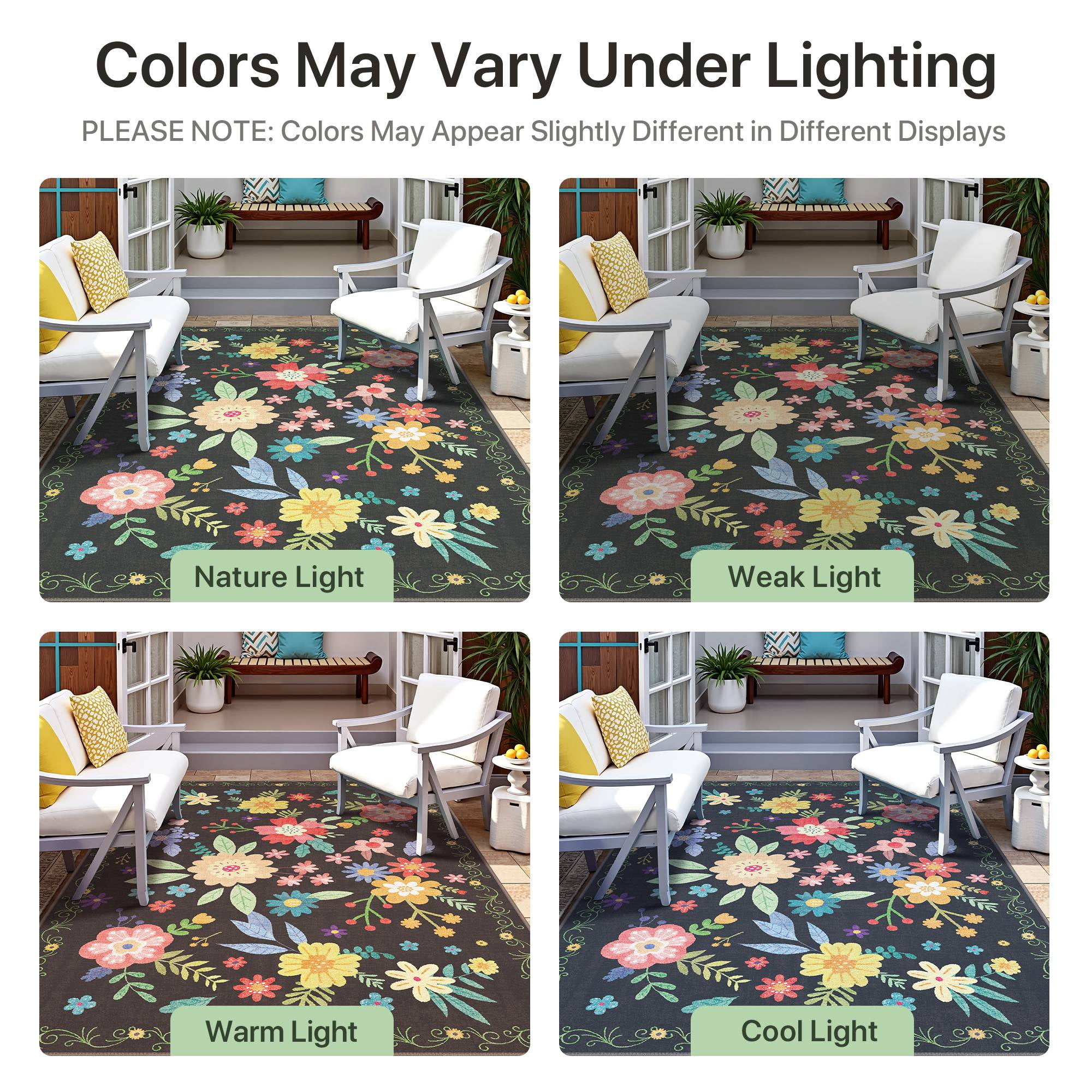 DEORAB 9'x 12' Outdoor Rug Chenille 3-Layers Patio Washable Mat Imitation Silicone Material Camping Garden RV Carpet,BLACK