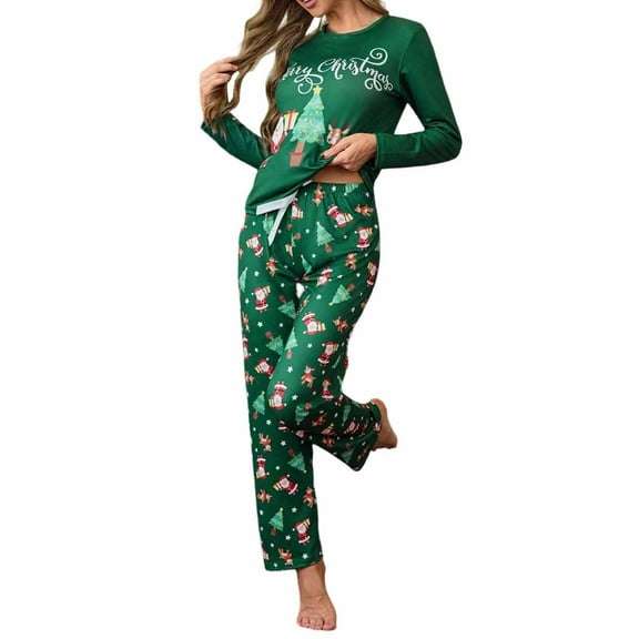Womens Pajama Set Casual Christmas Print Crewneck Long Sleeves And Pants Women Sleepwear