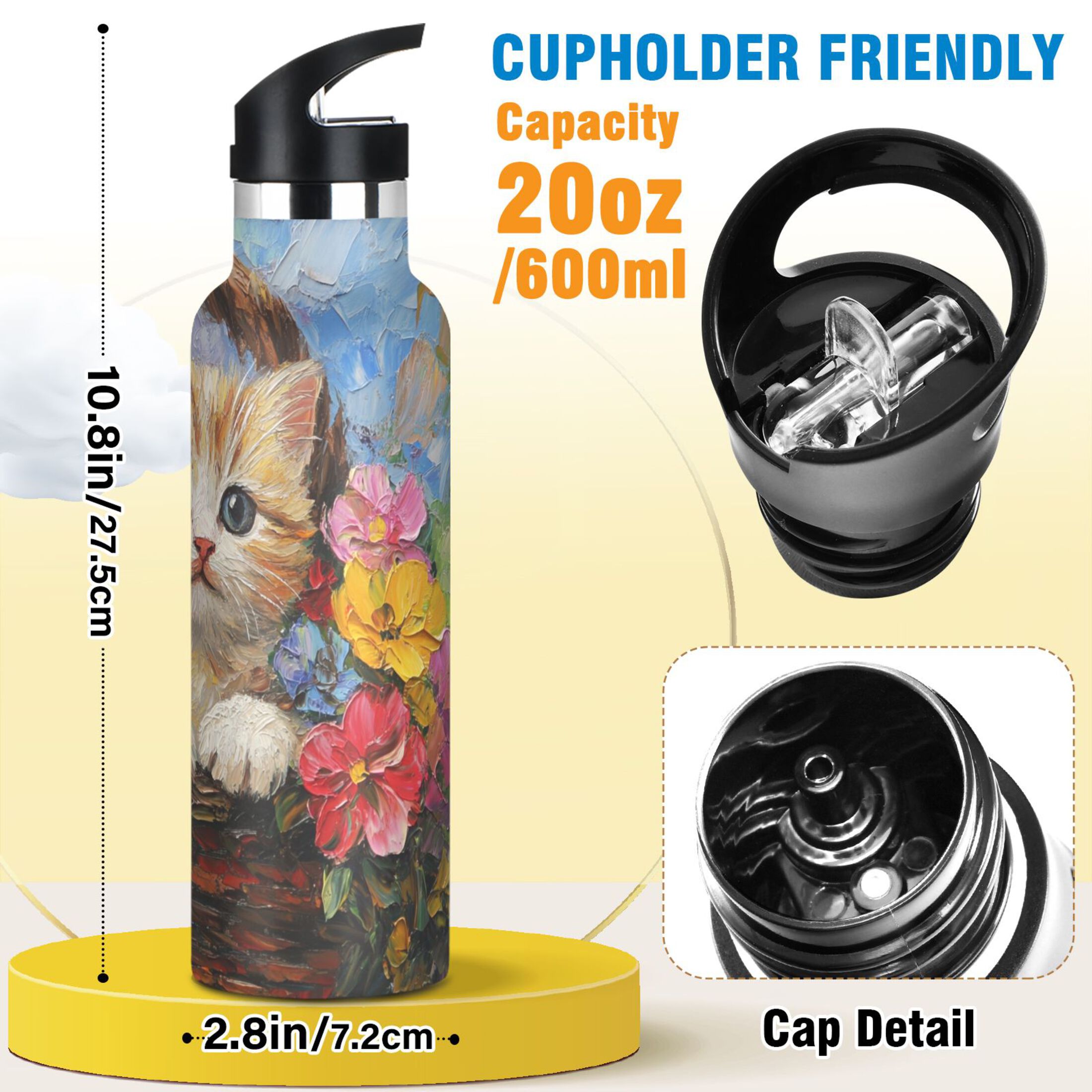 600ML Stainless Steel Insulated Cup Sports Water Bottle Portable Thermos Cup Water Glasses Insulated Tumblers Convenient and Durable Flower Basket Cat