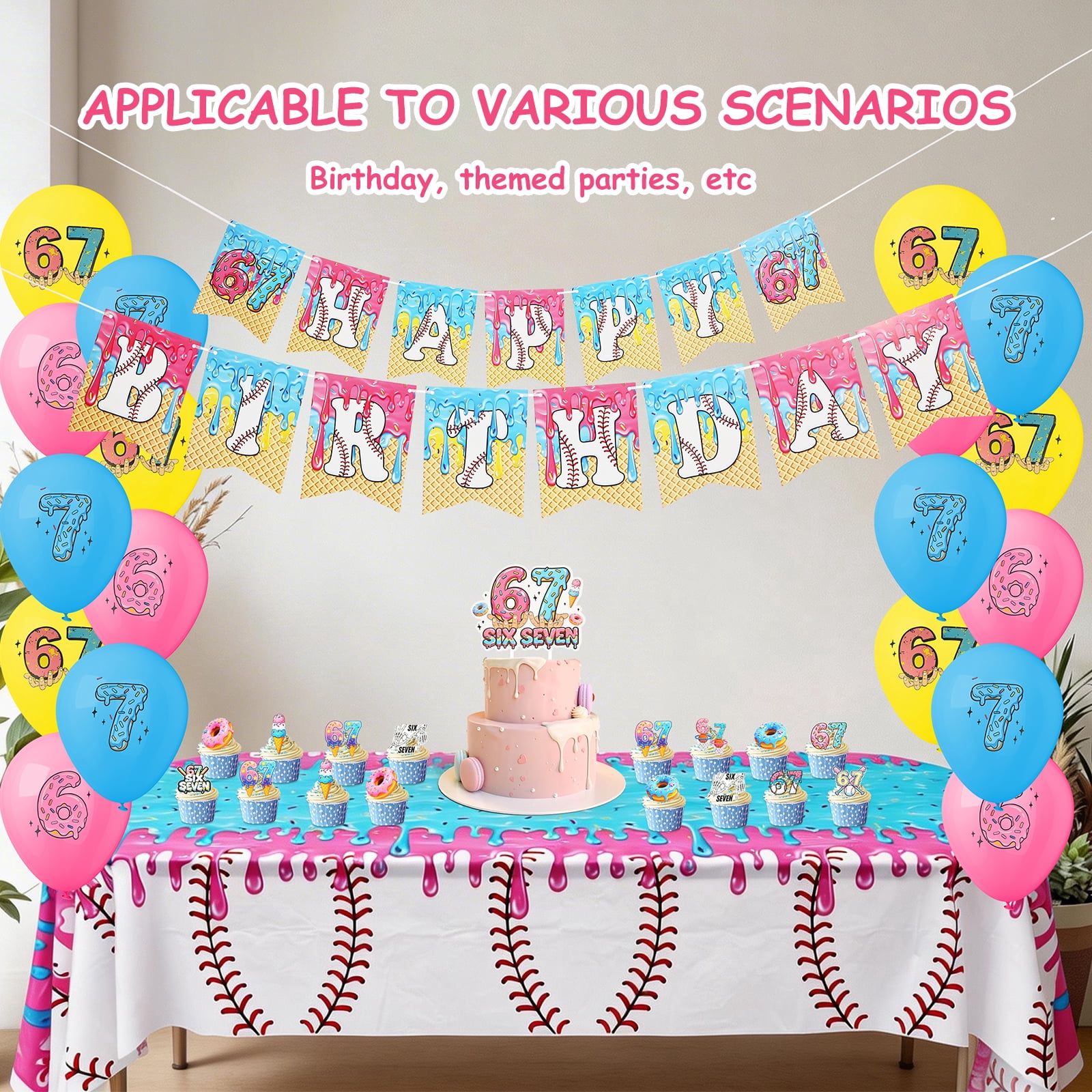 6 7 Birthday Party Decoration Set Reusable 6 7 Happy Birthday Decor Supplies with Balloon Banner Tablecloth Cake Topper for Themed Gathering
