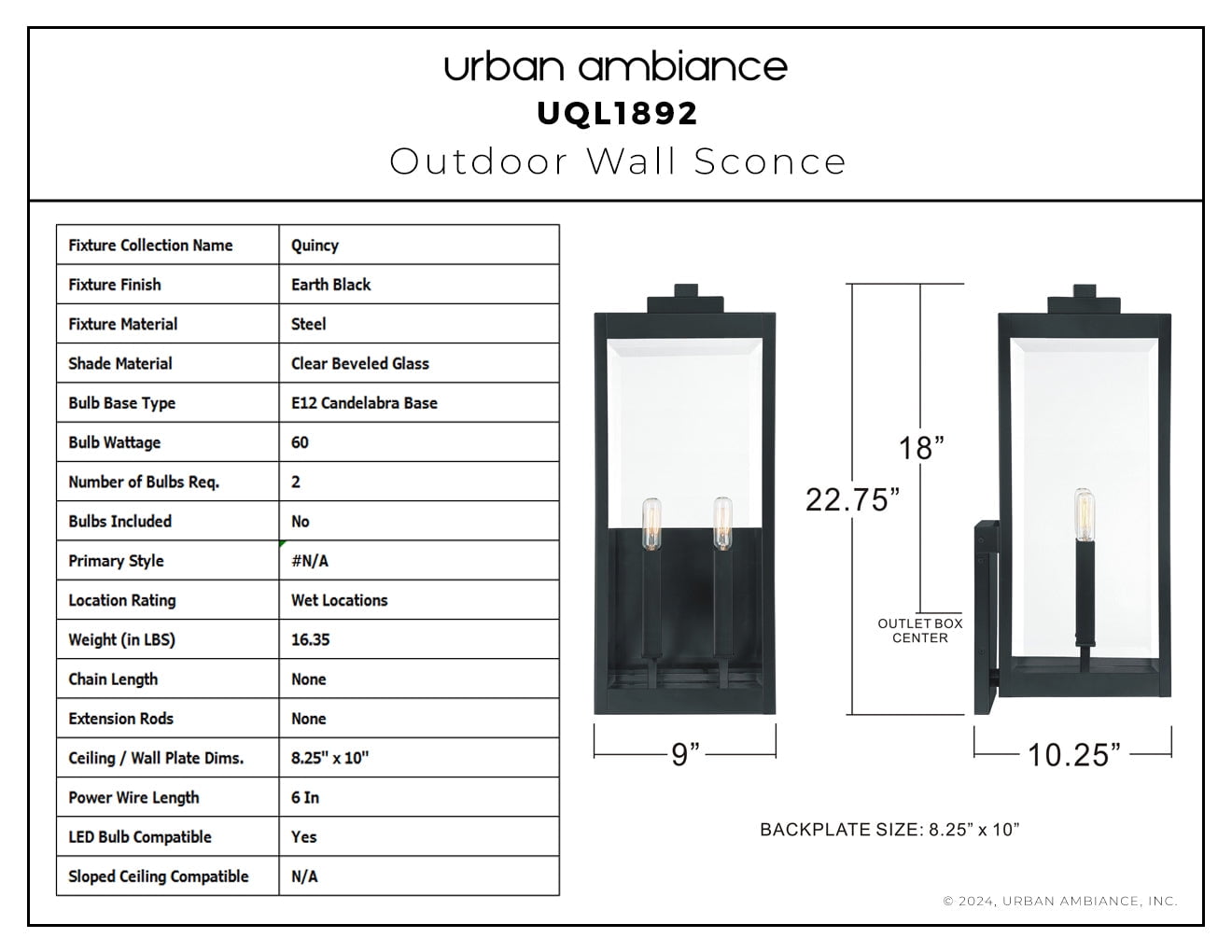 Luxury Modern Farmhouse Wall Sconce, Large Size: 22.75''H x 9.00''W, with Modern Style Elements, Earth Black Finish, UQL1892 from the Quincy Collection by Urban Ambiance