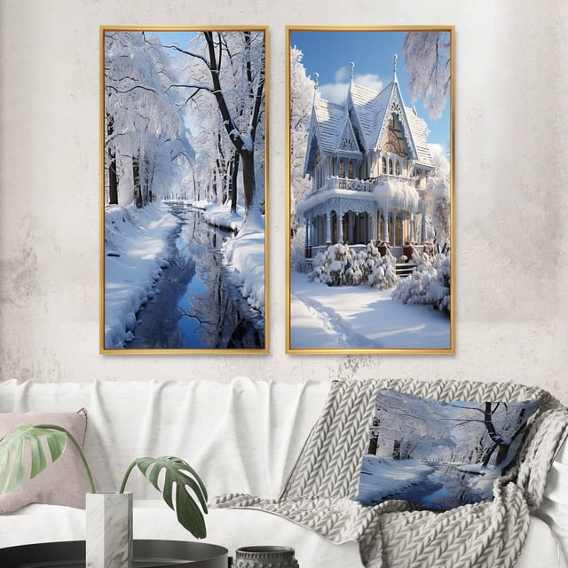 Designart "Serene Snowy Winter II" Winter Landscape Framed Wall Art Set Of 2 - White Landscapes Framed Canvas Set For Living Room Decor