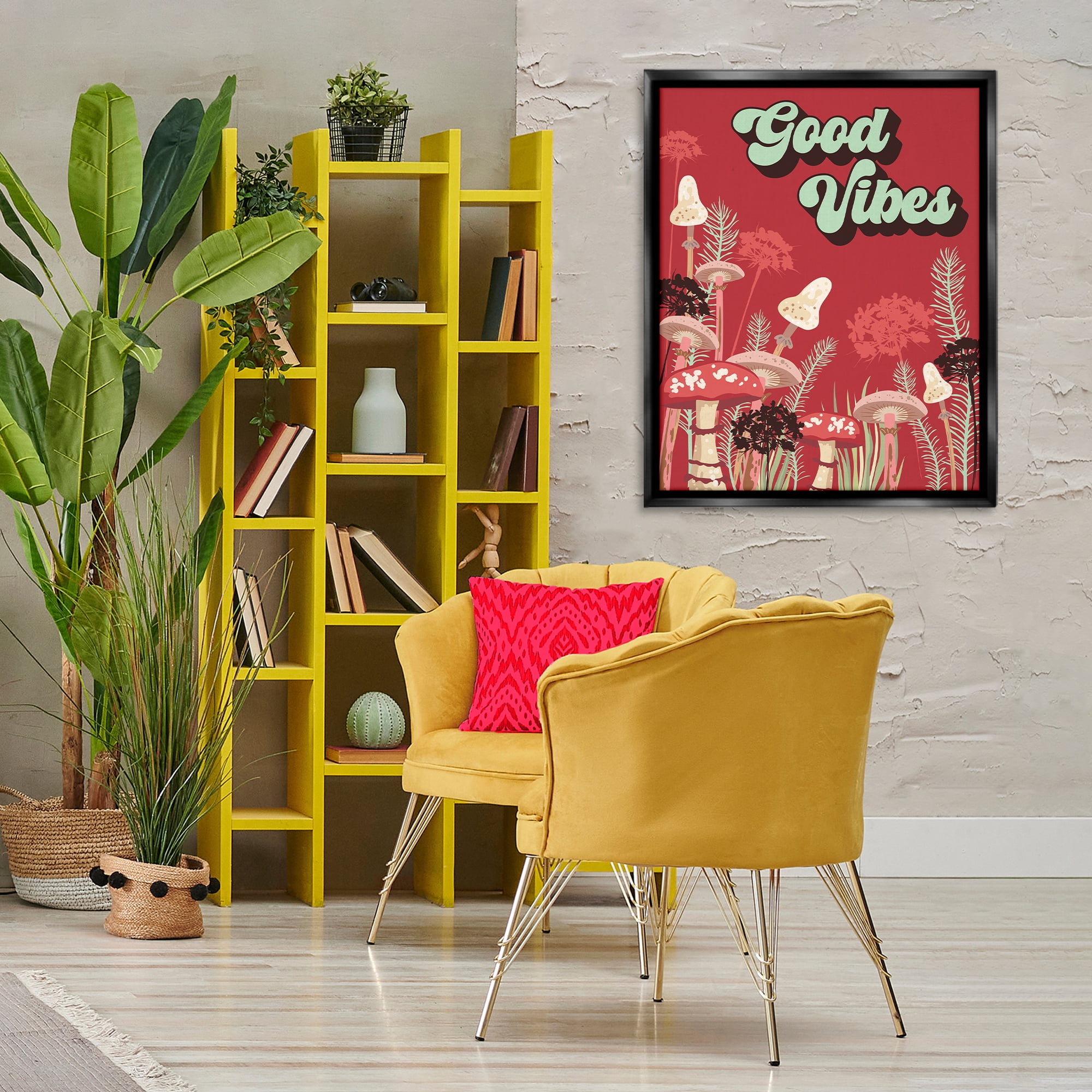 Stupell Industries Good Vibes Mushrooms Botanical & Floral Painting Black Floater Framed Art Print Wall Art, 25 x 31