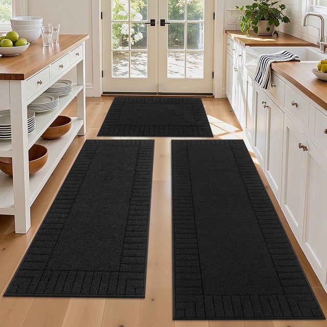 MeyJey Juego de Tapetes de Cocina de 3 Piezas, Tapetes de Cocina Antideslizantes Lavables a Máquina para el Piso Del Hogar y la Sala de Estar, Negro