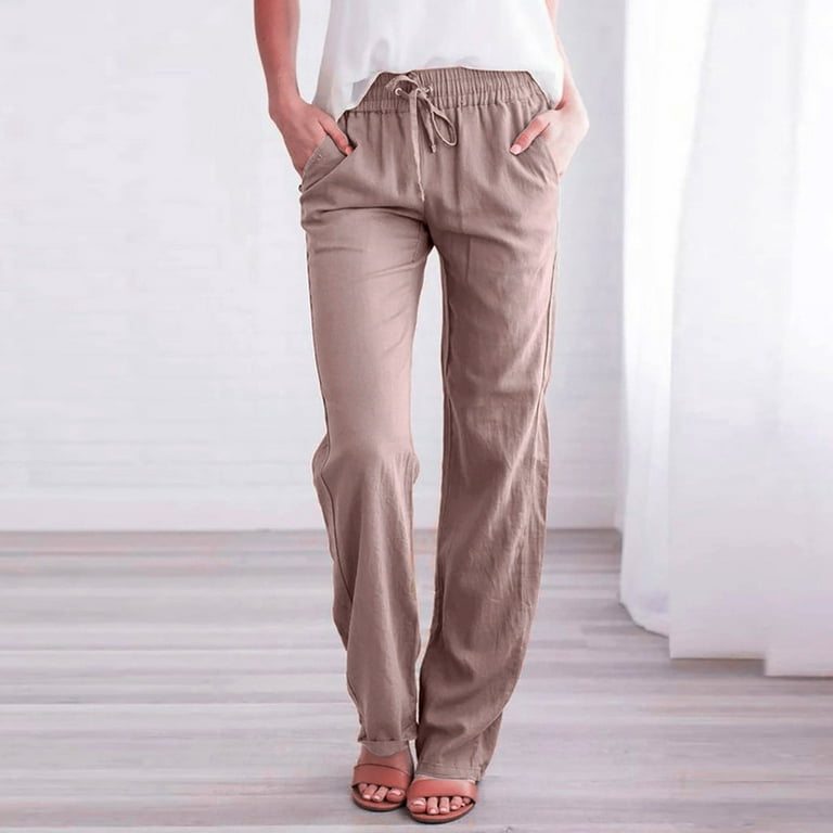 Womens Cotton Linen Casual Pants Straight Leg Drawstring Elastic High Waist  Loose Comfy Palazzo Trousers with Pockets