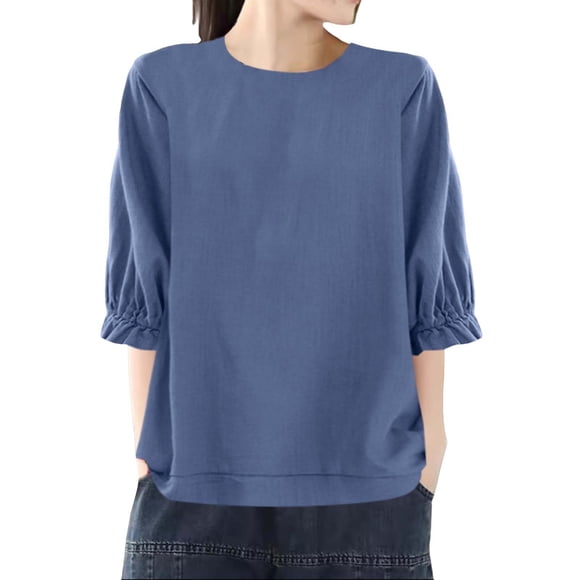 Yubnlvae Haut Bleu pour Femme, Coupe Ample, Col Rond, Grande Taille, Manches Cinq Points, L