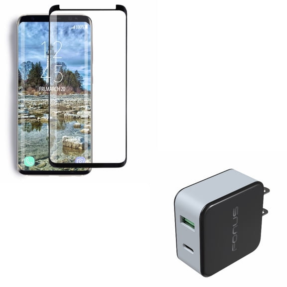 Compatible With Samsung Galaxy S9 - Tempered Glass Screen Protector 5D w 36W 2-Port USB Home Wall Quick Charger [Fast Type-C Port]