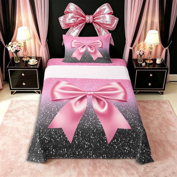 Erosebridal Cute Dreamy Bowknot Twin Sheet Sets 3pcs for Teens Girls,Grey Pink Glitter Print Bedding,Lightweight Room Decor