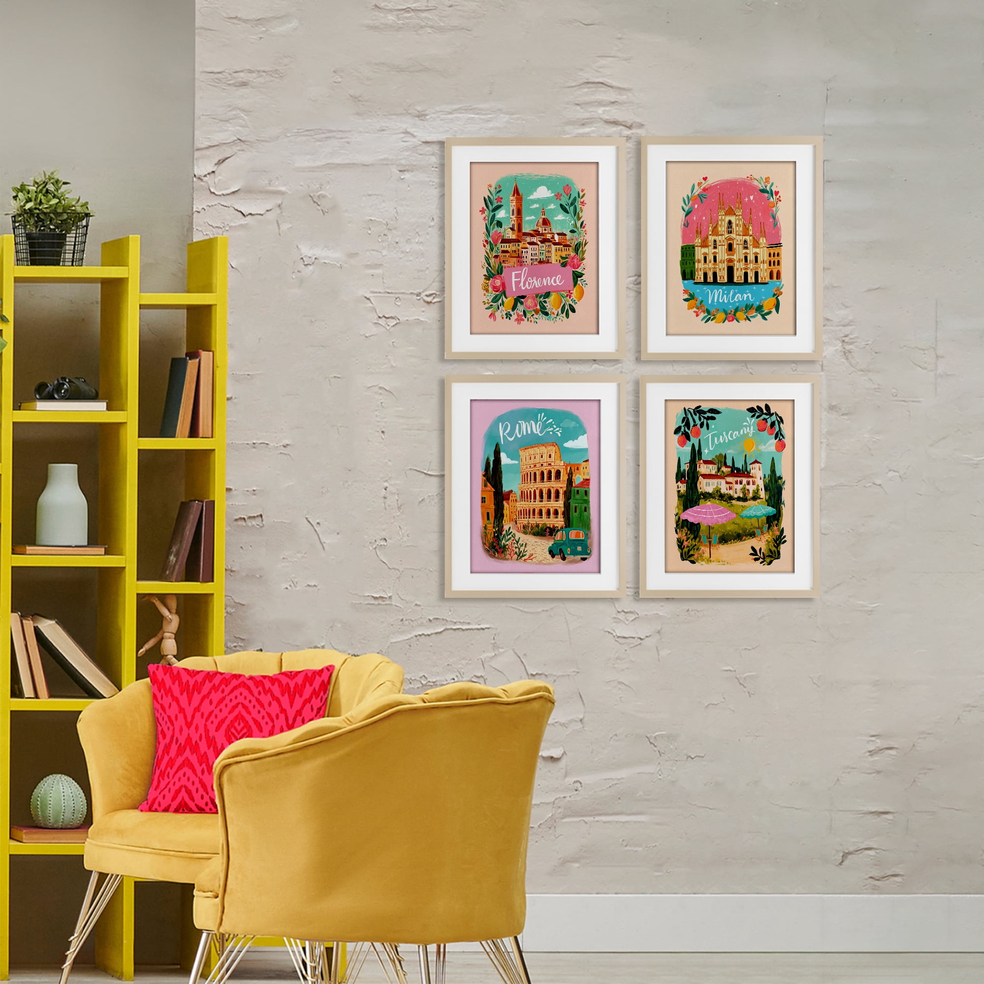 Italy Travel Locations with Florals 4 Piece Birch Framed Print Under Glass Set, design by Yen