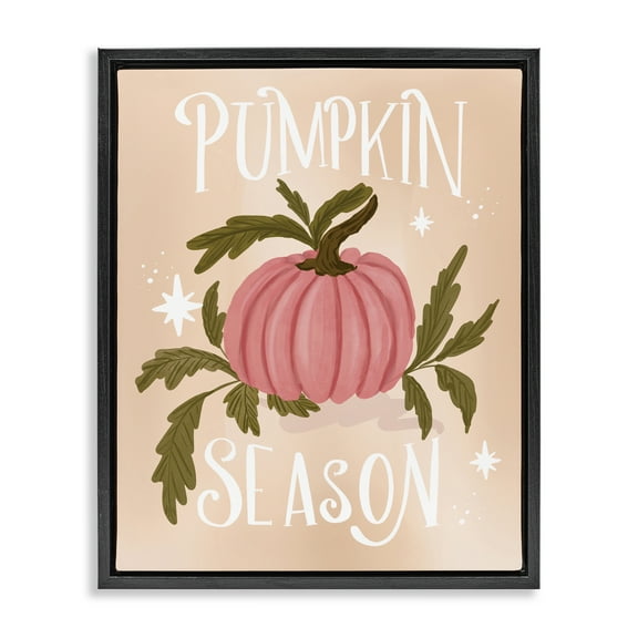 Stupell Industries Pumpkin Season with Leaves Plants & Flowers Painting Black Floater Framed Canvas Art Print Wall Art, 17 x 21