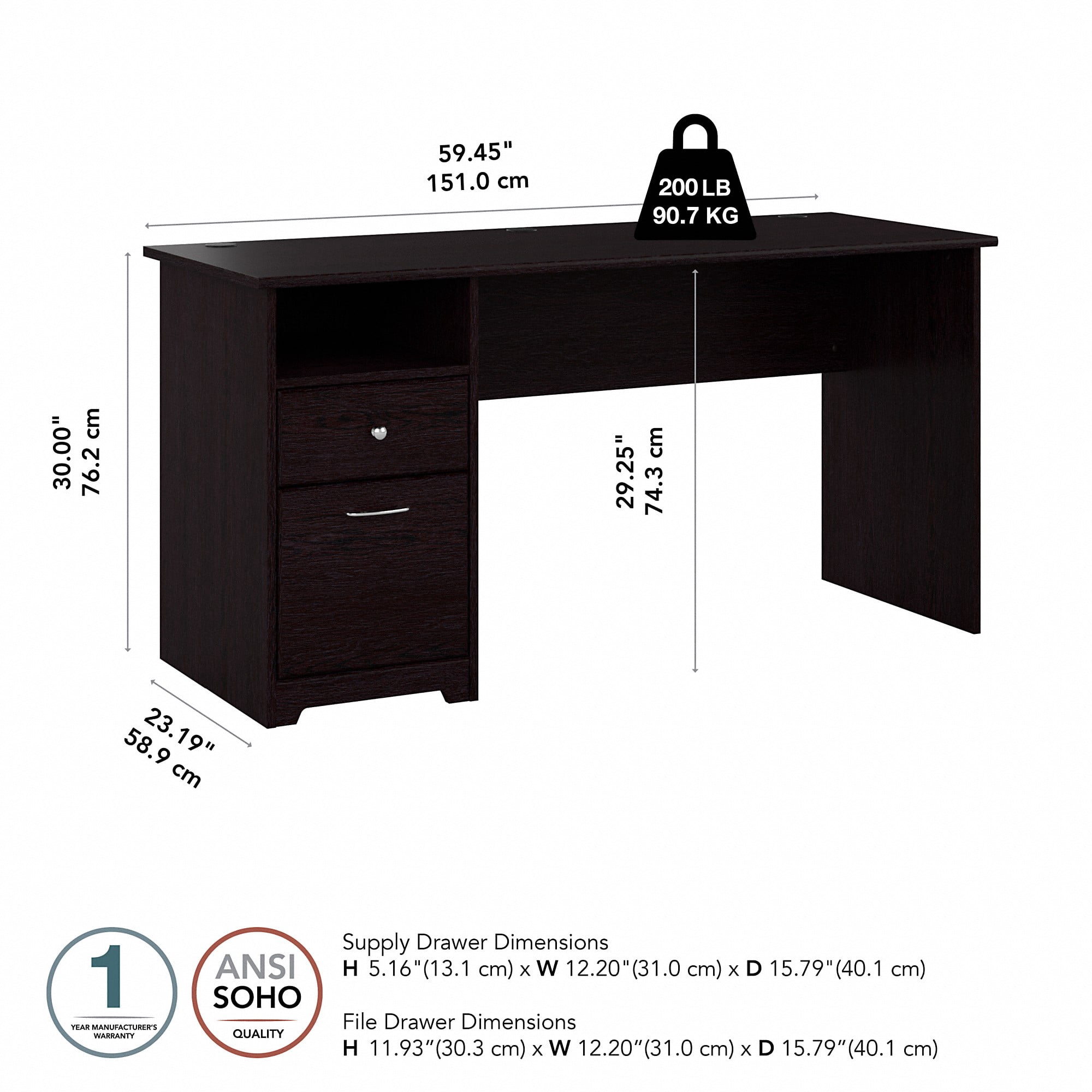 Bush Furniture Cabot 60" Computer Desk with Storage, Espresso Oak