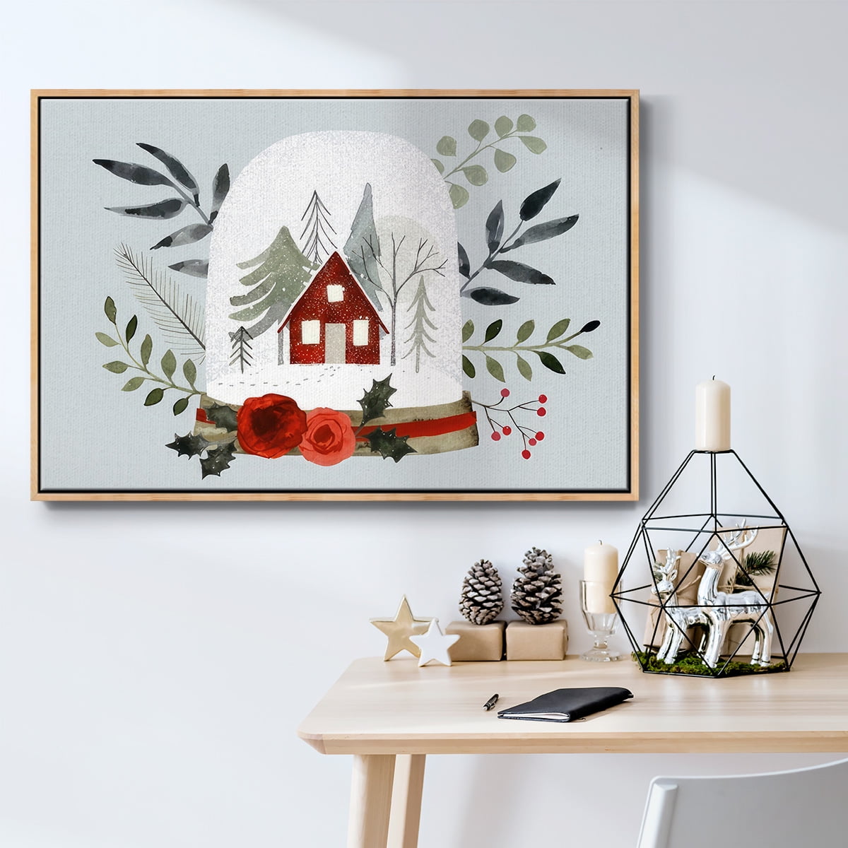 Snow Globe Village Collection A - Framed Gallery Wrapped Holiday Canvas - 25 x 37 - Natural Wood Frame