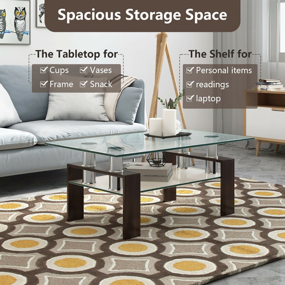 Finihen Glass Coffee Table, Rectangular Coffee Table, Rectangle Glass Coffee Table with Metal Legs, for Living Room, Reception Room, Brown Finihen Glass Coffee Table, Rectangular Coffee Table, Rectangle Glass Coffee Table with Metal Legs, for Living Room, Reception Room, Brown