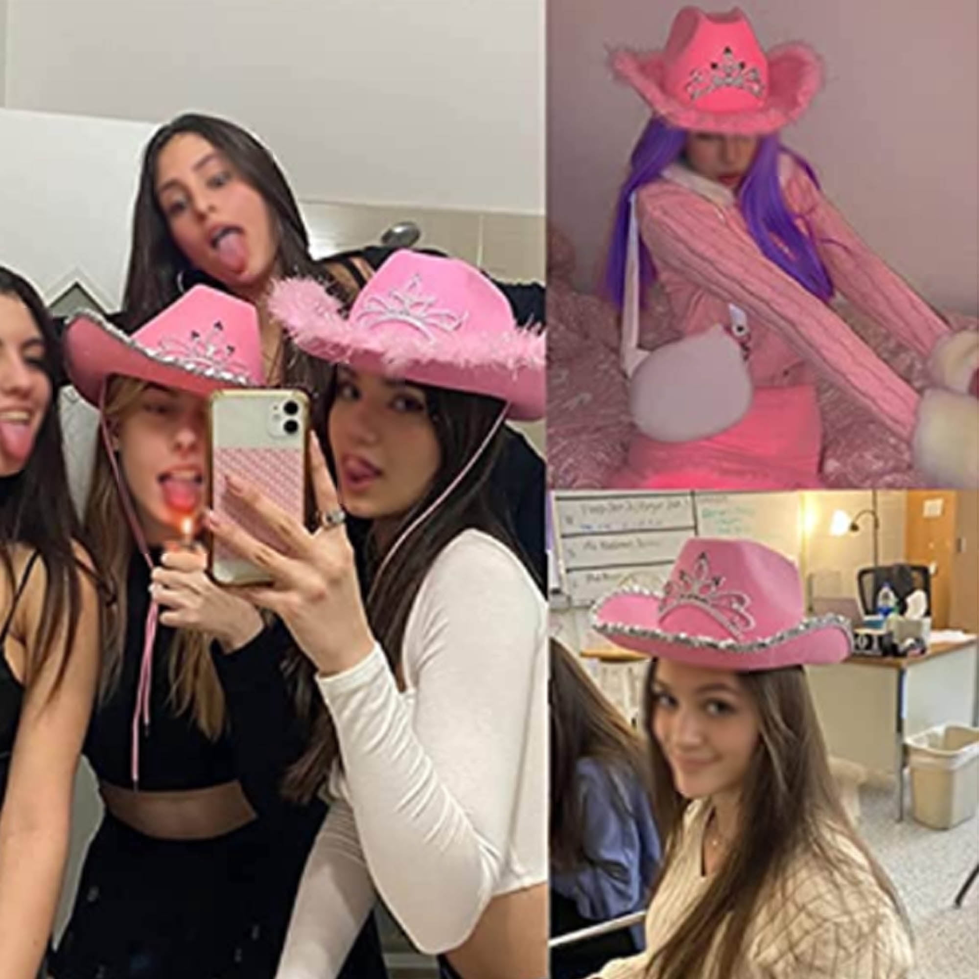 5112 Cowboy Hat Pink Cowgirl With Color Led Light Tiara Crown For Women LED Light up Pink Cowgirl Hat with Tiara feather Boa,western  main image 2